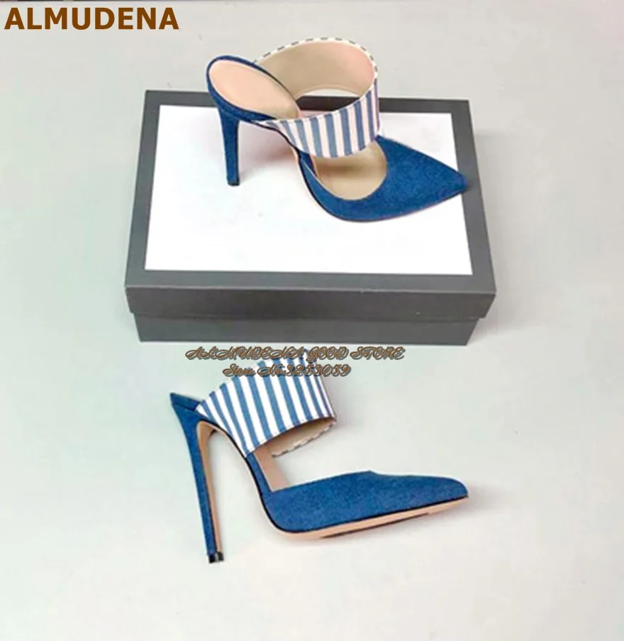 

ALMUDENA Blue Black Denim Pointed Toe Modern Slippers Stiletto Heel Zebra Striped Band Dress Shoes Color Patchwork Banquet Shoes