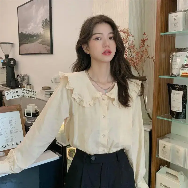 

2023 Autumn New Korean Style Loose French Minority Design Sense Niche Doll Collar Shirt Top for Women All-Matching