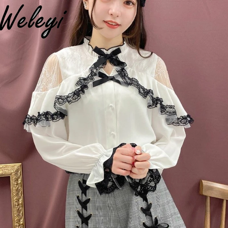 

Sweet Japanese Style Lolita Ruffled Shirt Woman 2024 Summer New Rojita Cute Soft Girl Lace Off Shoulder Bow White Blouse Female