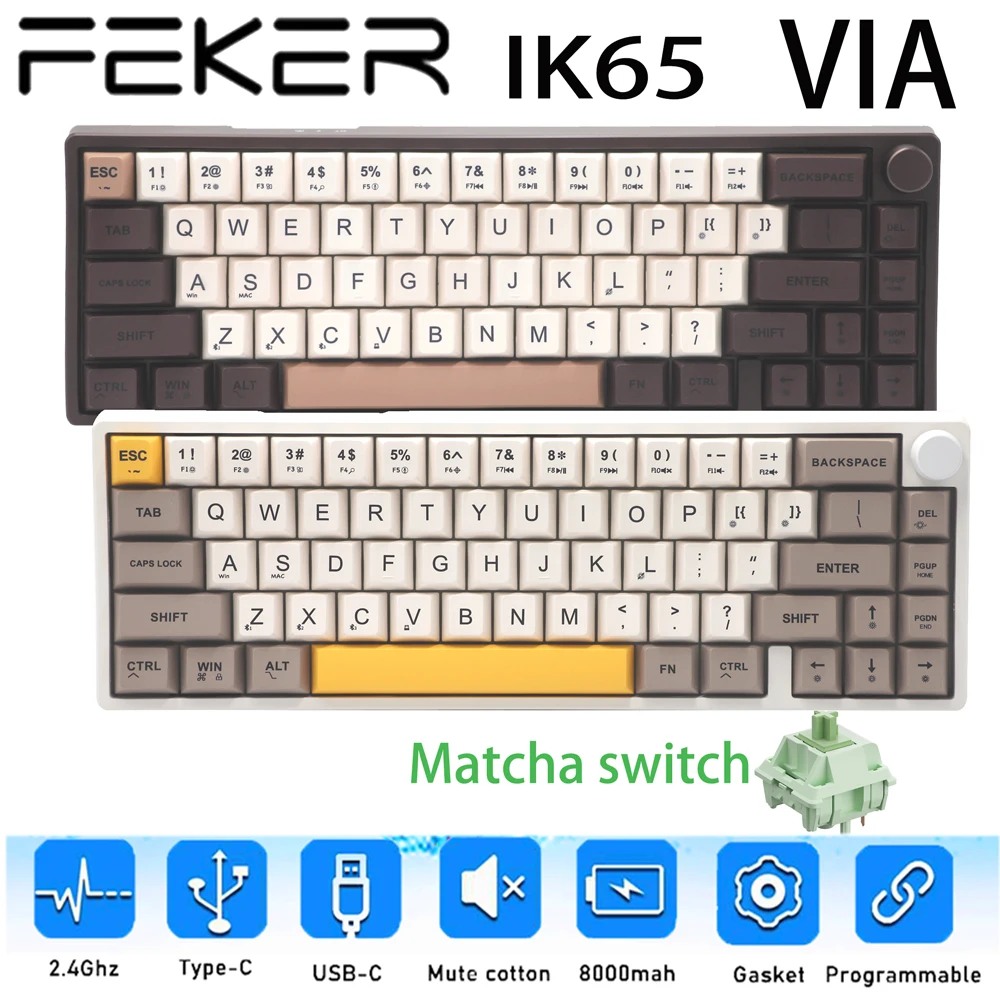 Feker IK65 3Modes VIA Wireless Mechanical Keyboard Bluetooth 2.4G Matcha Switch Hot Swap Gasket PBT Keycaps RGB Knob Keyboard
Feker IK65 3Modes VIA Wireless Mechanical Keyboard Bluetooth 2.4G Matcha Switch Hot Swap Gasket PBT Keycaps RGB Knob Keyboard
