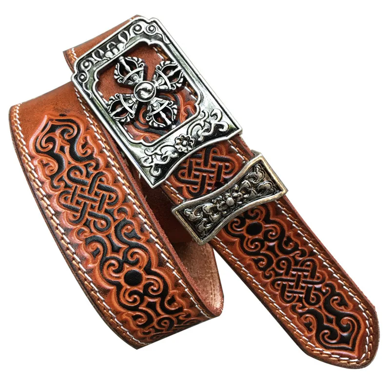 

Ethnic style top layer cowhide embossed carving neutral men's and women's belt leather belt men’s designer belts