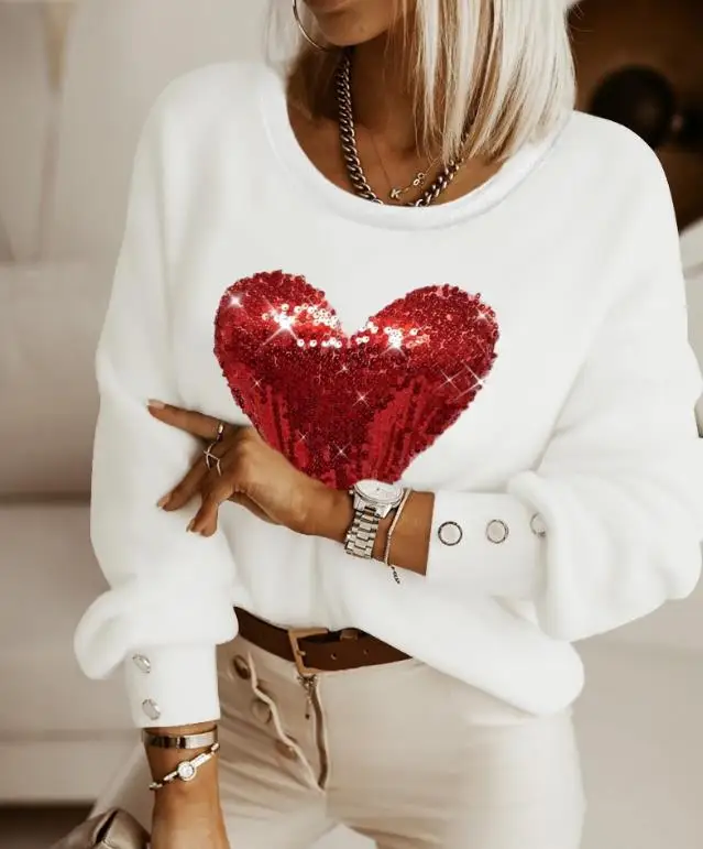 

Top Women 2024 Spring Fashion Heart Pattern Contrast Sequin Casual Round Neck Long Sleeve Daily Button Tee Top Y2K Clothes