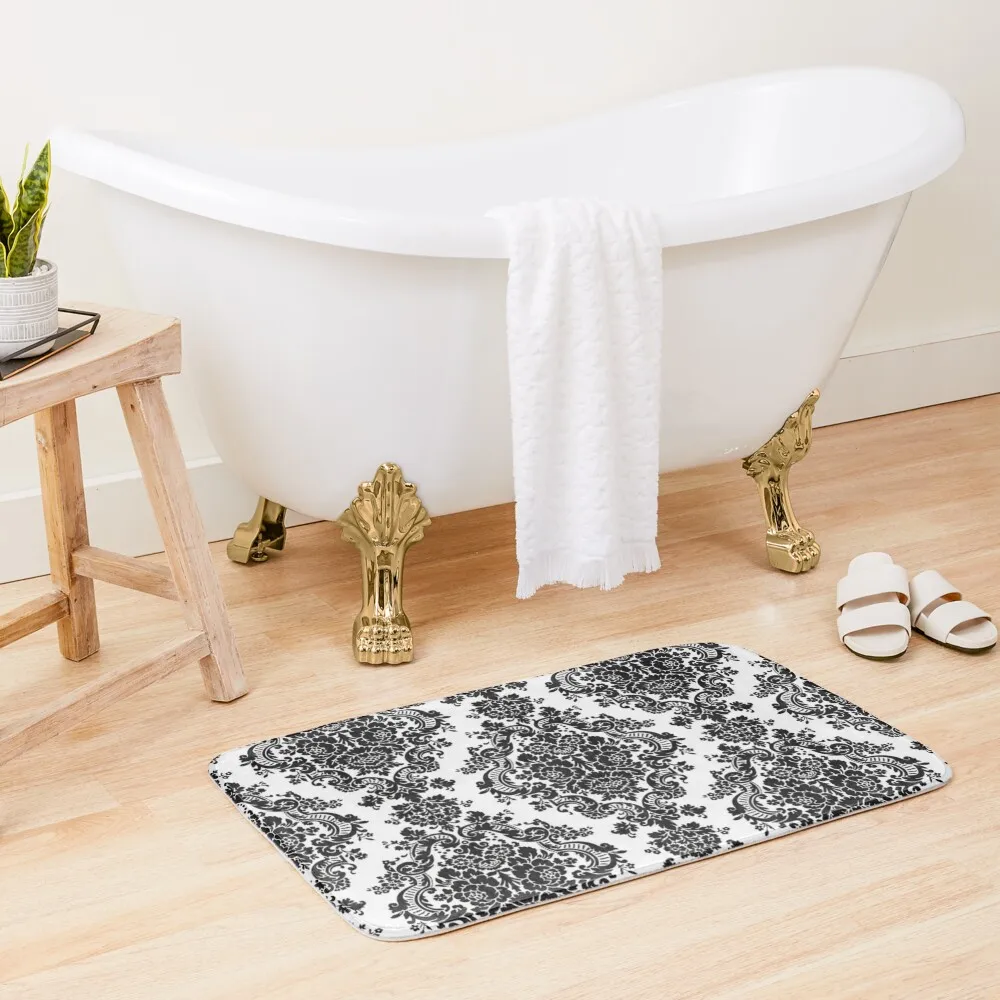 

Black and White Damask Bath Mat Bathroom Shower Non-Slip Bathtub Rooms Rugs Baths Mat