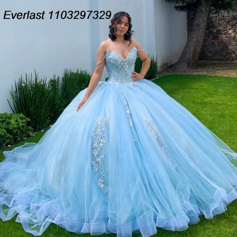 

EVLAST Shiny Blue Quinceanera Dress Ball Gown Sequins Lace Applique Beading Mexican Corset Sweet 16 Vestido De 15 Anos TQD612