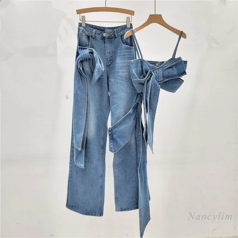 

Retro Worn Washed-out Three-Dimensional Bow Decorative Jeans Loose Cool Vest Camisole Street Style Two-Piece Set Deniwear