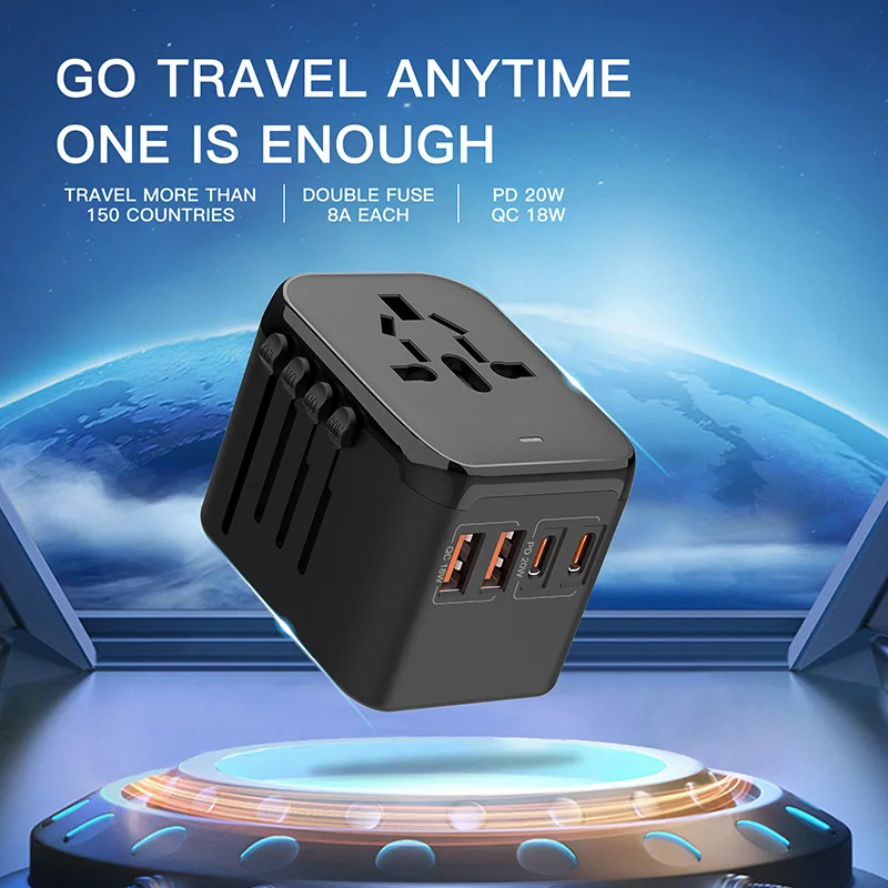 

Multifunctional International Travel Adapter 2 USB Ports 2 Type-C PD Fast Charging Universal Power Adapter EU/UK/USA/AUS Plug