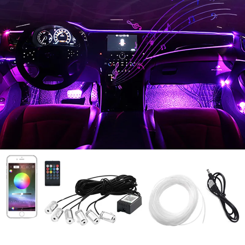 

6 in 1 LED Atmosphere Car Light 8M RGB Interior Ambient Light Fiber Flexible Decorative Lamp Optic Strips Light by App Control