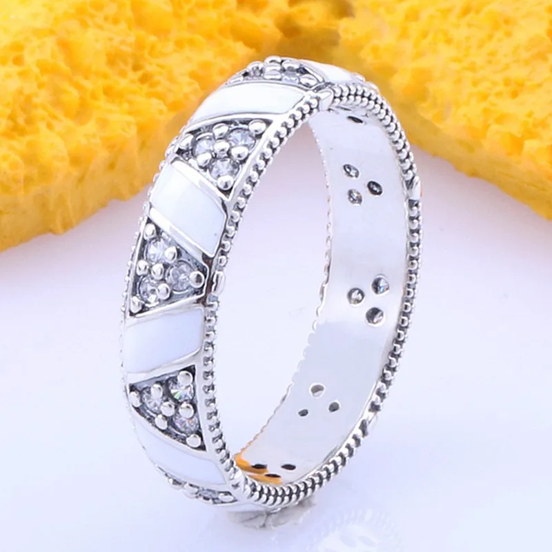 

Authentic 925 Sterling Silver White Enamel Stones And Stripes Crystal Ring For Women Wedding Party Europe Fashion Jewelry