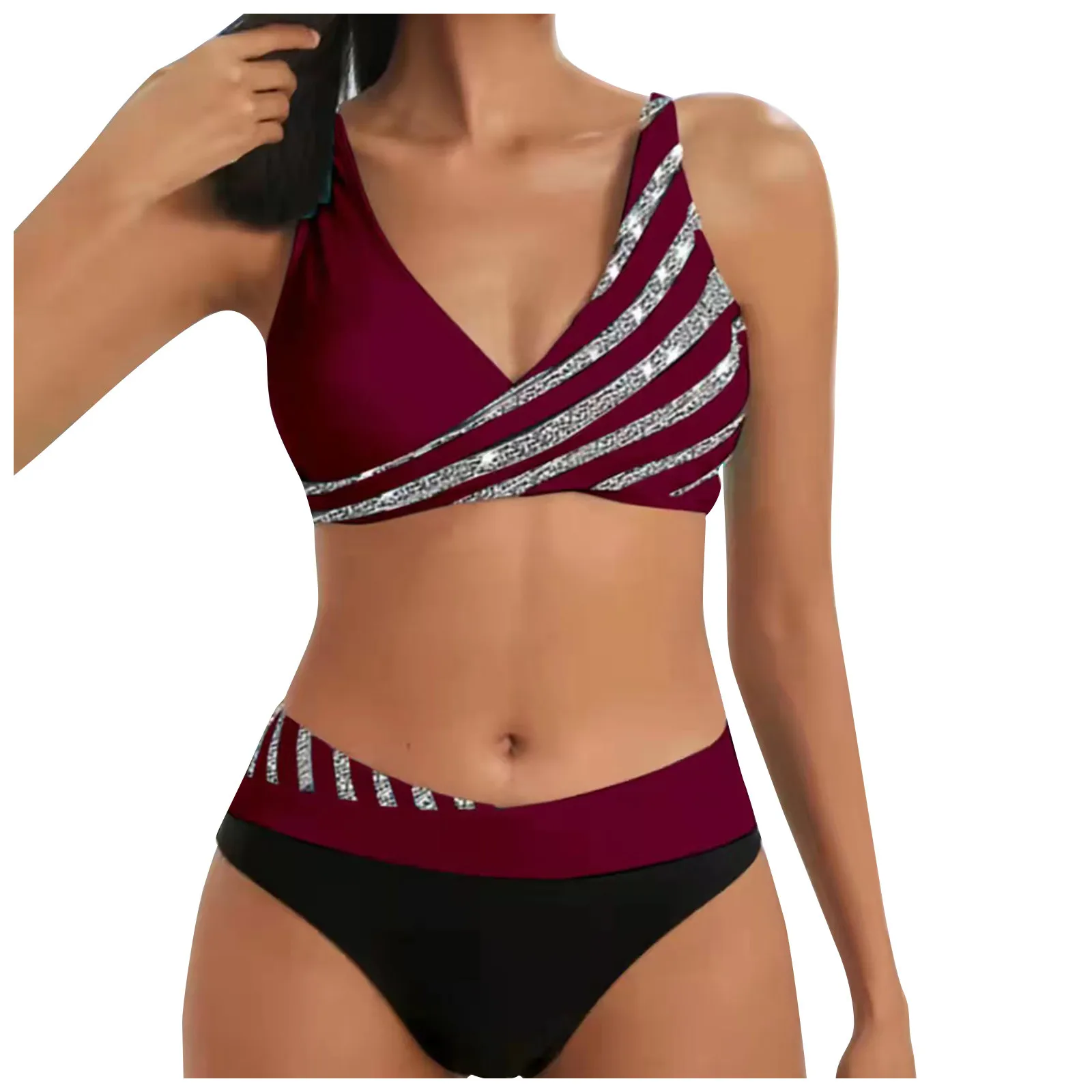 

Mid Waist Bikini Sets Swimsuit For Women Patchwork Design Striped Print Sexy V-Neck Twist Two Pieces Beachwear Swimwear 2022
