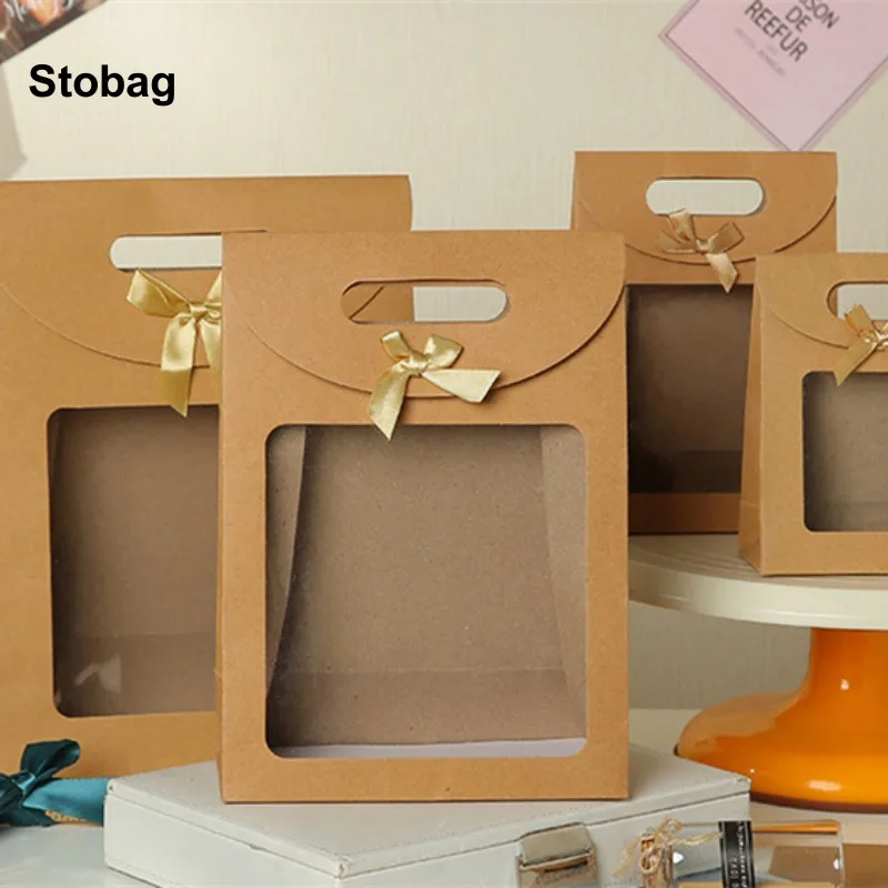 

StoBag 10pcs Kraft Paper Gift Packaging Bag Tote Window Candy Cookies Cake Handmade Present Baking Favors Party Birthday Holiday