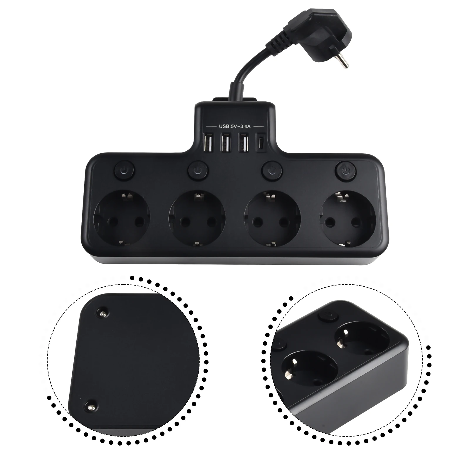 16A 4000W 4 Way Power Strip Sleek Black Design Power Strip Including USB Ports And Cable Management
16A 4000W 4 Way Power Strip Sleek Black Design Power Strip Including USB Ports And Cable Management