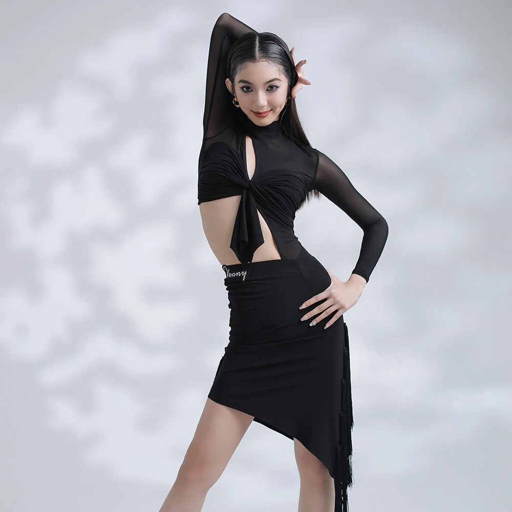 

VENNY Professional Latin dance dress black gauze separate body irregular fringe skirt adult training dress woman