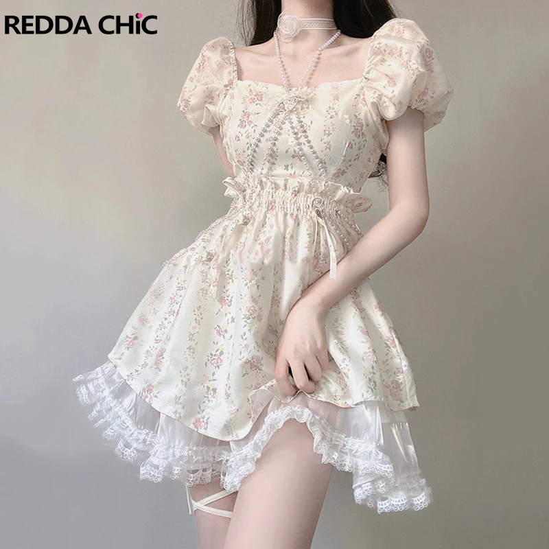 

REDDACHiC Coquette Aestethic Floral Mini Dress Women Kawaii Puff Short Sleeves Square Neck Ruffle Frill Trim Desire One-piece