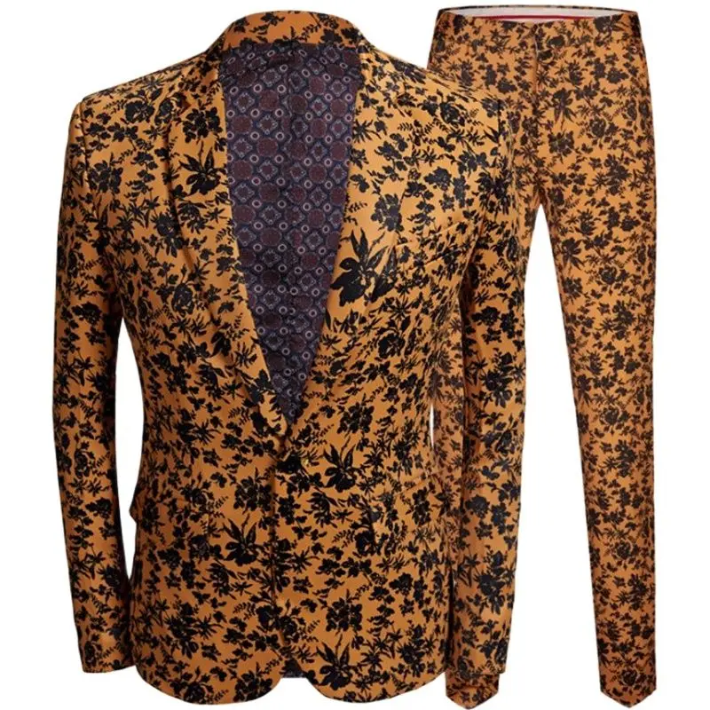 (Jacket+Pants) Fashion Men's Brown Print One Button Trendy Slim Suit 2 Piece Set Cocktail Prom Party Wild Man Suit Set 
(Jacket+Pants) Fashion Men's Brown Print One Button Trendy Slim Suit 2 Piece Set Cocktail Prom Party Wild Man Suit Set