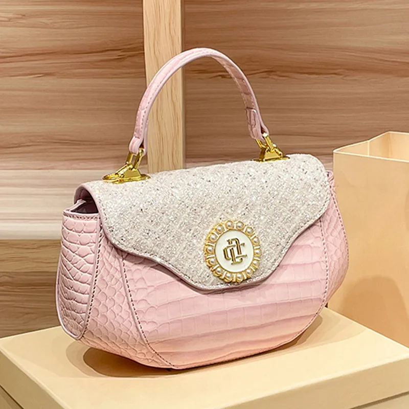 

Luxury Fashion Diamonds Women Handbags 2024 Genuine Leather Lady Small Shoulder Messenger Bag Crocodile Pattern Saddle Tote Bags