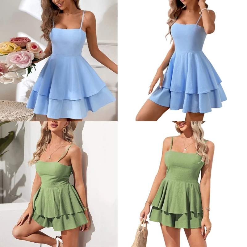

2023 New Womens Tie Back Backless Summer Dress Spaghetti Strap Sleeveless Cami Mini A Line Dress Ruffle Hem Swing Flowy Dress