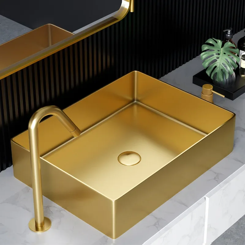 

Light Luxury Golden Rectangular Stainless Steel Table Basin Hotel Toilet Wash Basin Single Basin Washbasin Household