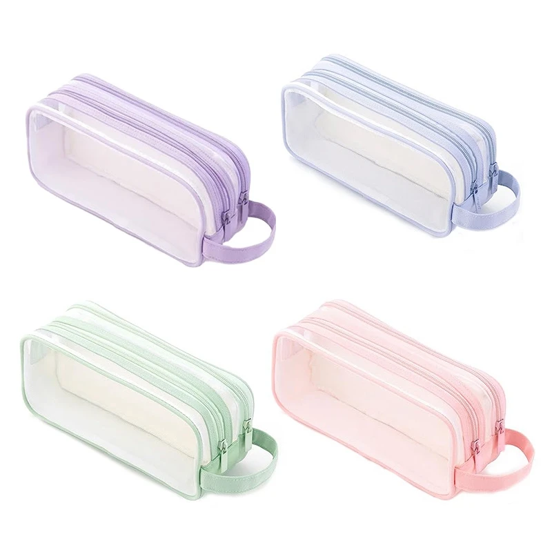 

1 PCS Grid Mesh Pencil Case 2 Compartment Pen Bag Clear Pencil Pouch For Teen Student College Purple