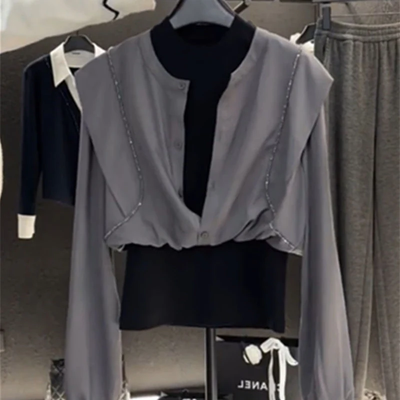 

Имитация двух частей женская рубашка с длинным рукавом Летний дизайн чувственный нишевой строчка Ретро темпераментный Джокер модный тонкий топ.