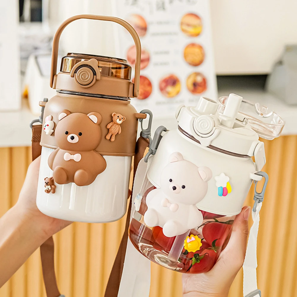 

Cute Bears Straw Tumblers For Children Fashion Adjustables Strap Sports Cup Gift For Children's Day