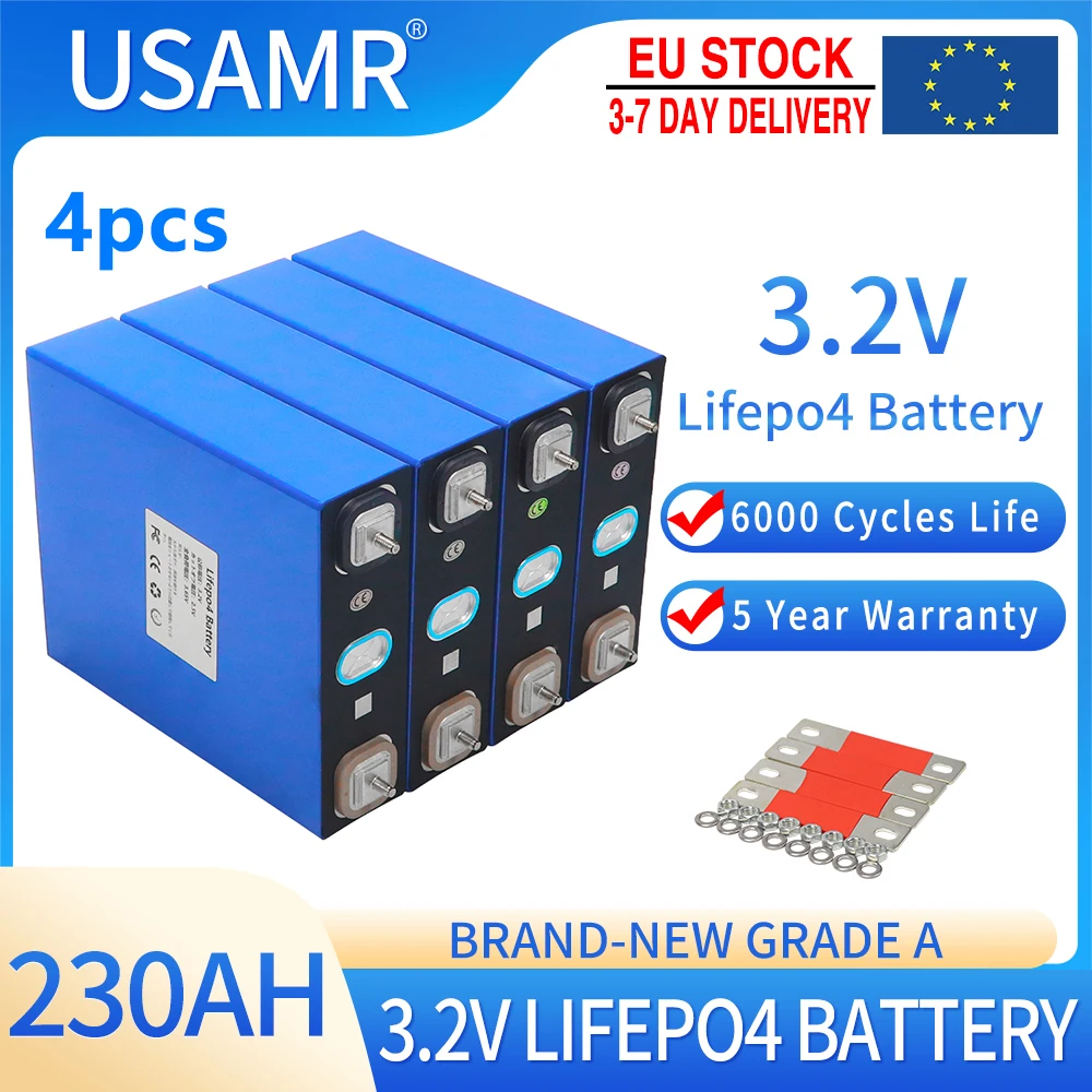 

4PCS 3.2V 230Ah Lifepo4 Lithium Iron Phosphate Battery Pack DIY 12V 24V 36V 48V Rechargeable Cells For Boat Golf Cart RV Solar
