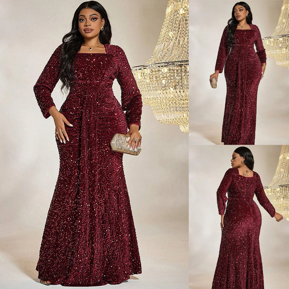 

Plus Size Square Collar Sequined Wine Red Shiny Autumn Long Sleeve Dress 4XL Big Size Shiny Long Elegant Dress Party Banquet