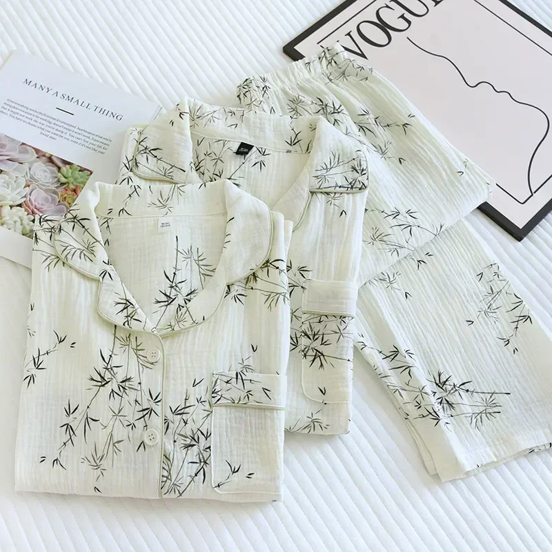 

Long-sleeved Loungewear Cute Printing Men Women Pajamas Suit Crepe cotton Couples And Japanese Bamboo Washed Gauze