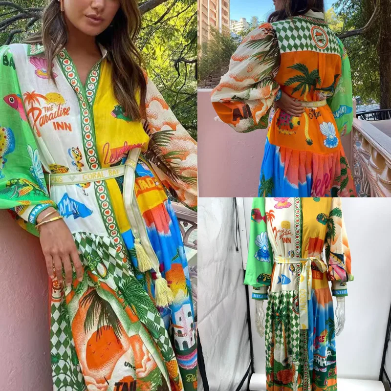 

Plant Flower Cardigan Dress Women Fashion Spring Autumn 2024 Bohemian Lantern Sleeves Green High Waiste Tie Oversize Swing Skirt