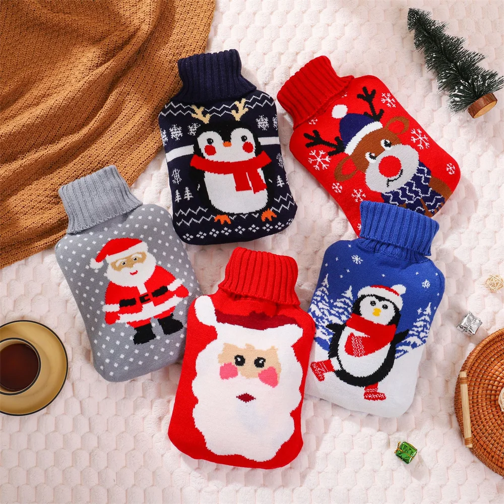 

2000ml Christmas Hot Water Bag Cartoon Pattern Rubber Bag Warm Relaxing Heat Cold Therapy Xmas Gift Knitted Mesh Cover