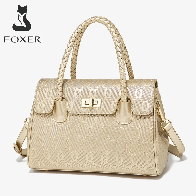 

FOXER Women Split Leather High Quality Handbag Commuter Shoulder Crossbody Bag Gold luxury Messenger Bag Fashion Workplace Totes