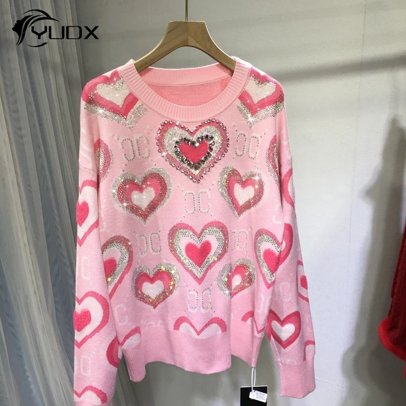 

YUDX Cute Age Reduction Pink Sweaters All-match Autumn Winter O-neck Pullover Top Love Diamonds Shiny Long Sleeve Knitted Jumper