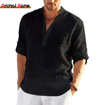 A T-shirt indispensável para o verão: Camiseta de Compressão de Manga Curta para Homens 11 2023 New Men's Linen Long Sleeve Shirt Loose Casual T-Shirt Long Sleeve Cotton Linen Shirt Trend Tops Plus Size S-5XL