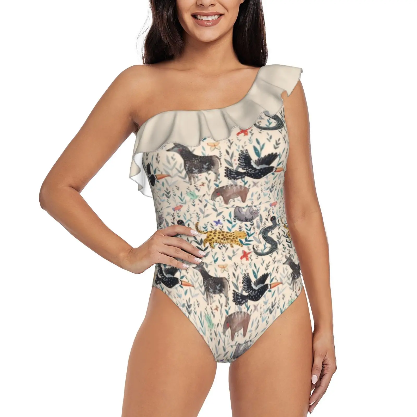 Слитный купальник с воланом и одним плечом, с принтом
Слитный купальник с воланом и одним плечом, с принтом