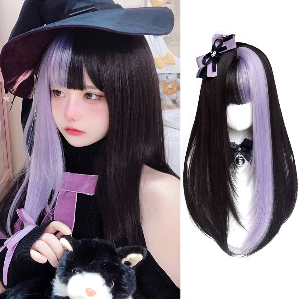 

Synthetic Wigs Long Straight Wig with Bangs Two Tone Half Purple Half Black Colorful Party Lolita Hair Wig Heat Resistant