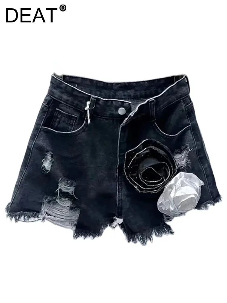 

DEAT Women's Denim Shorts Contrast Color 3D Flower Distressed Broken Holes Washed Short Pants 2024 Summer New Fashion 11XX8981