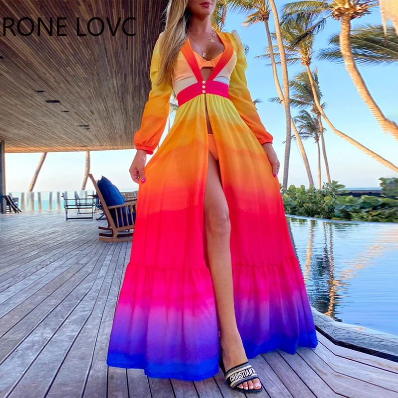 

Women Chic Long Sleeves Slit V Neck Gradient Color Sexy Maxi Colourful Vacation Beach Dress Top