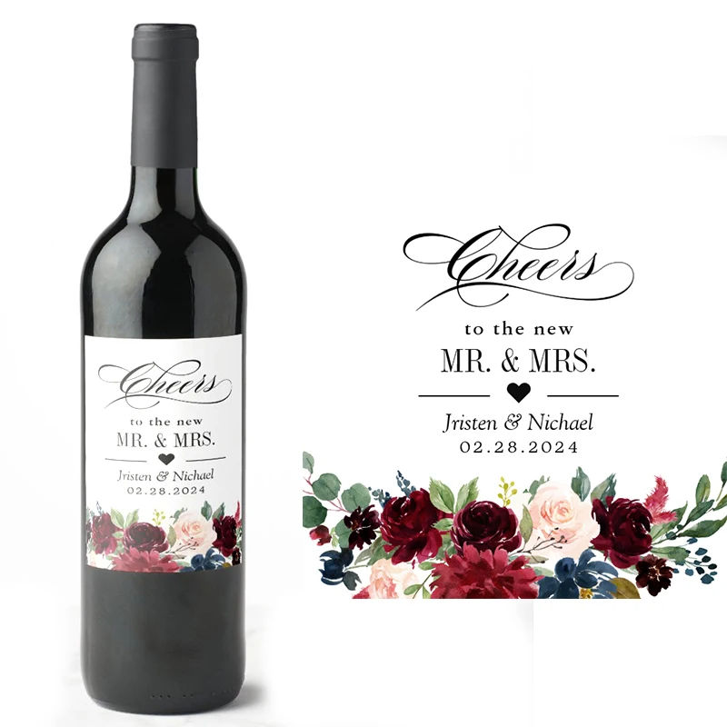 

Customized Wedding Wine Label, Floral Favor, Personalized Logo, Wedding Party Supplies, Mr and Mrs FloralBurgundy, 18PCs