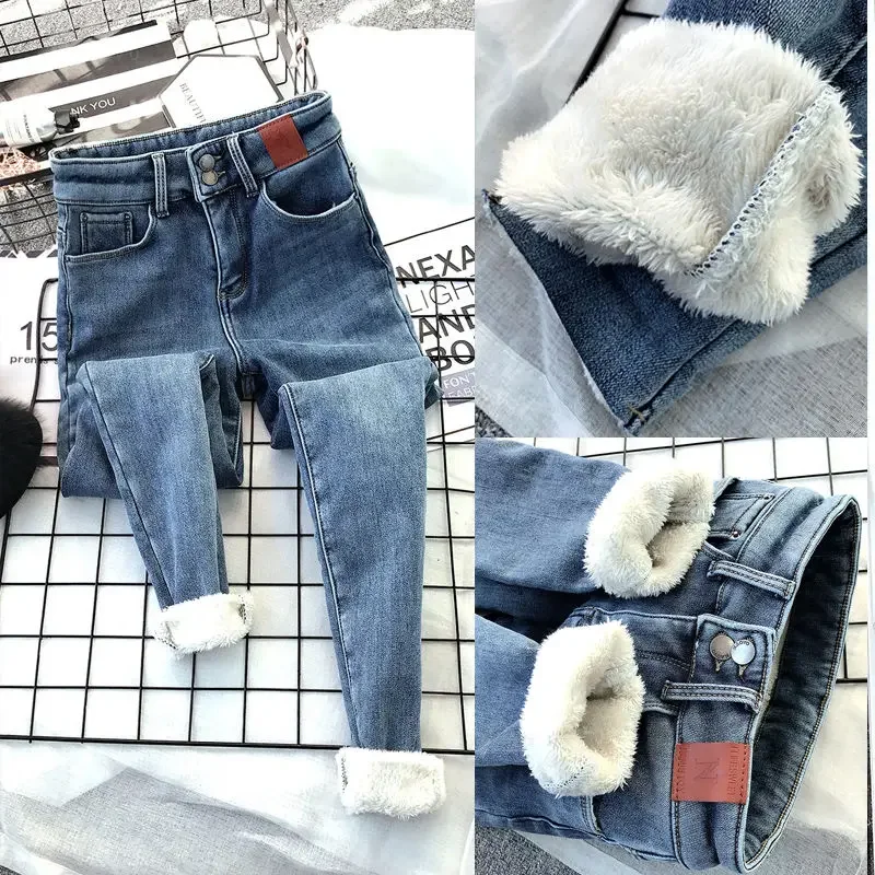 

Теплые обтягивающие джинсы из овечьей шерсти, женская одежда для снега, бархатные джинсовые брюки с высокой талией, корейская мода, плотные джинсовые брюки-карандаш E553