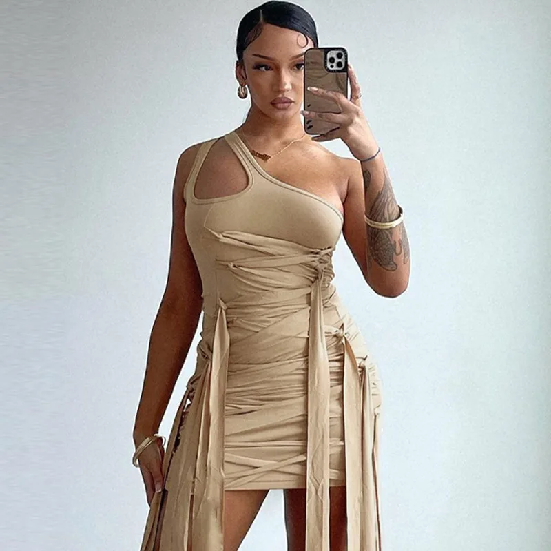 Bandage Ribbon Hollow Out One Shoulder Bodycon Mini Dress Women Sexy Sleeveless Club Party Robe Female Fashion Birthday Outfits
Bandage Ribbon Hollow Out One Shoulder Bodycon Mini Dress Women Sexy Sleeveless Club Party Robe Female Fashion Birthday Outfits