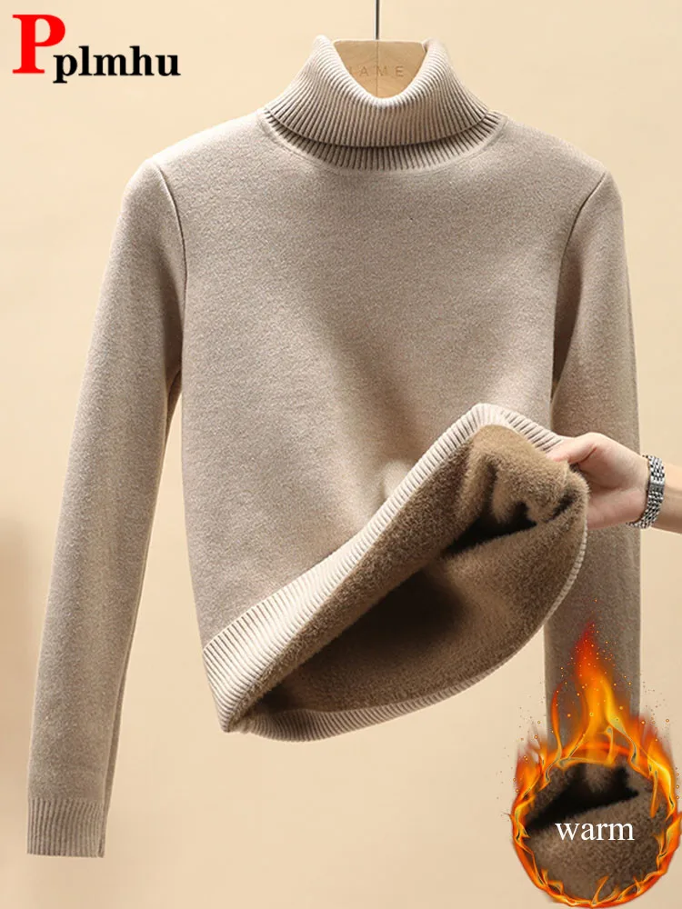 

Осенне-зимний вязаный свитер с высоким воротником, корейский утепленный бархатный свитер на подкладке, вязаный пуловер, Женский Теплый облегающий трикотажный топ, джемпер, Новинка