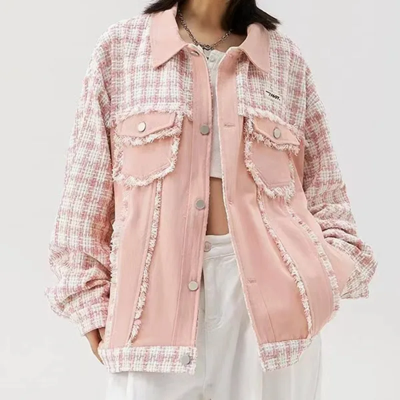 

Small Fragrant Plaid Patchwork Denim Jacket Women Korean Fashion Coat Women's Spring 2023 Loose Design Feel Pink Sweet Girl Top