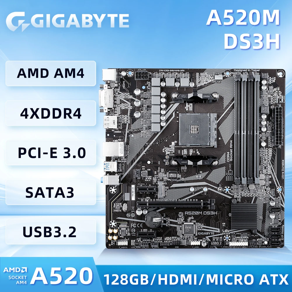 GIGABYTE A520M DS3H Motherboard 4 x DDR4 up to 128GB HDMI DVI M.2 AMD A520 For Ryzen5 3500 5600 Realtek GbE LAN chip Micro ATX
GIGABYTE A520M DS3H Motherboard 4 x DDR4 up to 128GB HDMI DVI M.2 AMD A520 For Ryzen5 3500 5600 Realtek GbE LAN chip Micro ATX