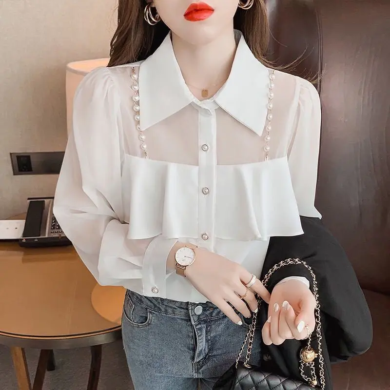 

2023 Spring New Western Style All-Matching Design Pearl Ruffled Floral Chiffon Sweet Long Sleeve Shirt