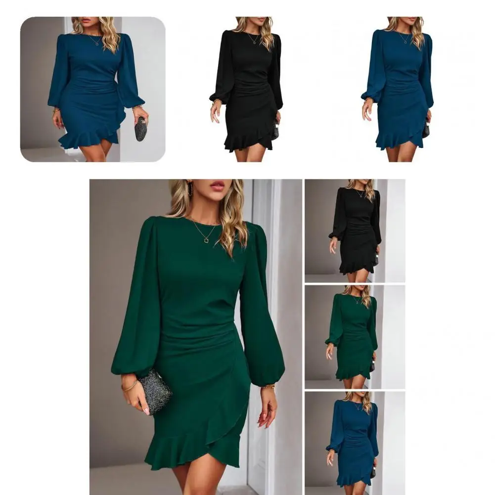 

Irregular Hem Dress Crew Neck Dress Chic Office Lady Dresses Flared Long Sleeve Mini Dresses with Irregular Ruffle Hem Crew Neck