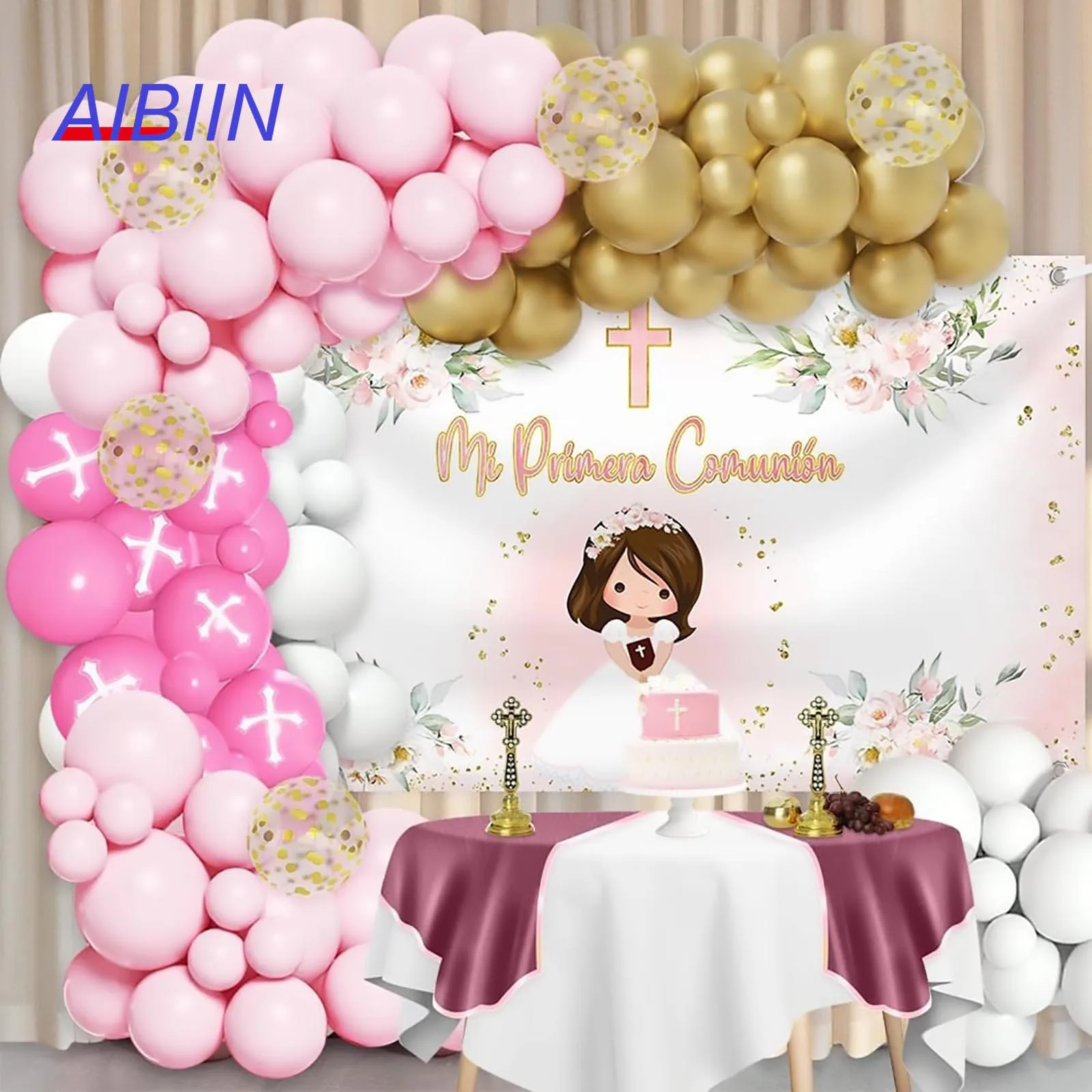 

AIBIIN Baptism Banner Backdrop and 88pcs Balloons Kit Mi Primera Comunión First Holy Communion Girls God Bless Party Decorations