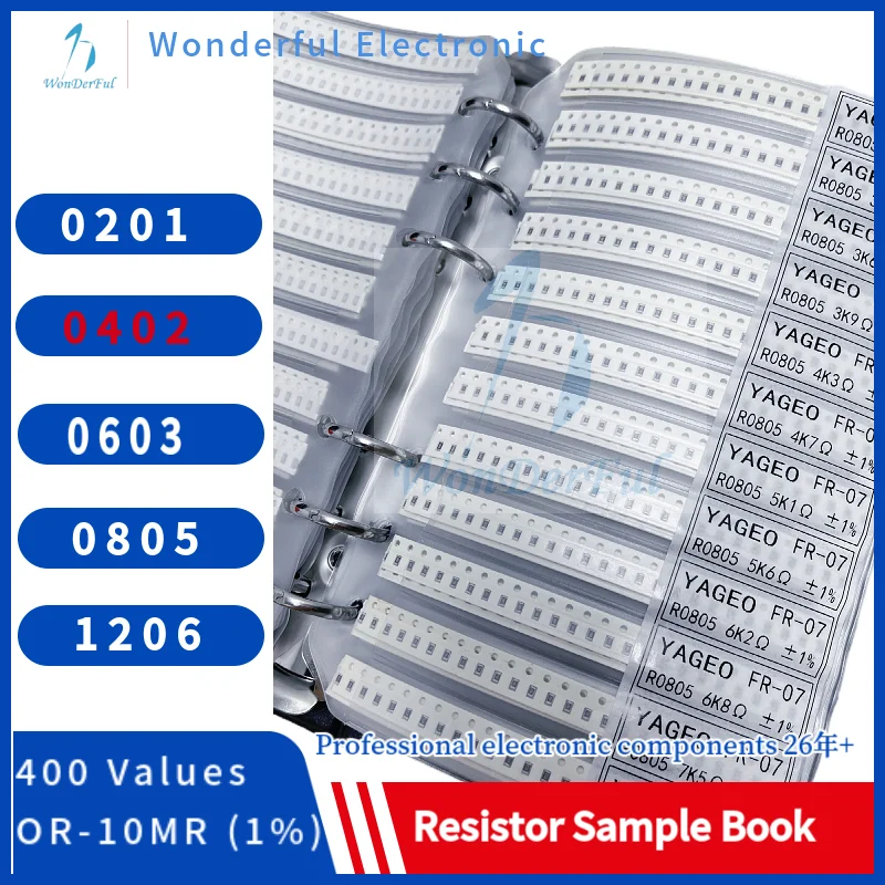 Resistor Kit SMD 0402Sample Book Chip Resistor Assortment Kit 1206 0805 0603 0201 1% FR-07 SMT 400 Values 0R-10M Smd Sample Book 
Resistor Kit SMD 0402Sample Book Chip Resistor Assortment Kit 1206 0805 0603 0201 1% FR-07 SMT 400 Values 0R-10M Smd Sample Book