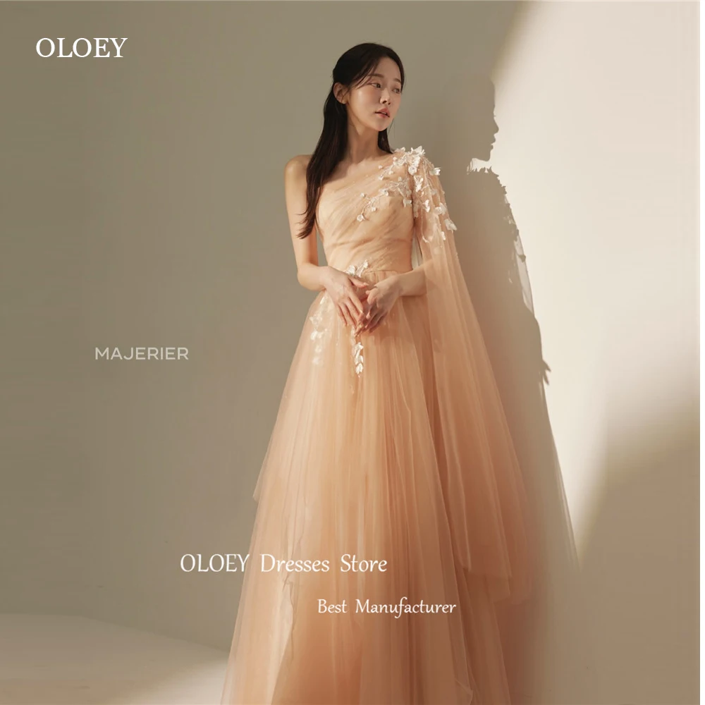 

OLOEY Elegant Blush Tulle A Line Korea Evening Dresses Wedding Party Photoshoot One Shoulder Sleeves Long Flowers Prom Gowns