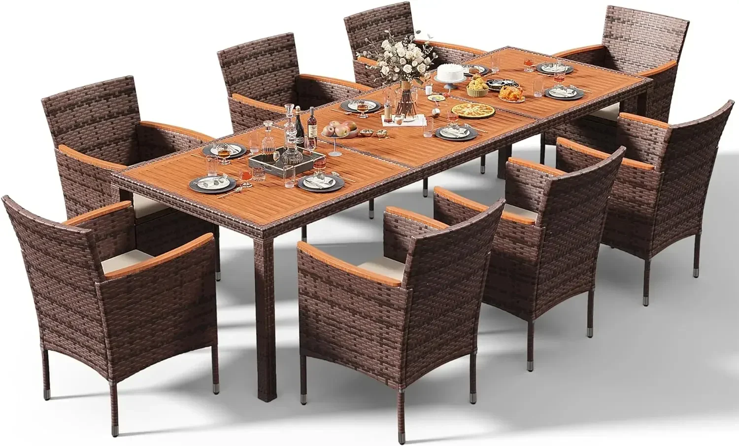 5/7/9 PCS Patio Conversation Set with Acacia Wood Top, Rattan Outdoor Dining Table and Chairs for Backyard, Garden, Deck 
5/7/9 PCS Patio Conversation Set with Acacia Wood Top, Rattan Outdoor Dining Table and Chairs for Backyard, Garden, Deck