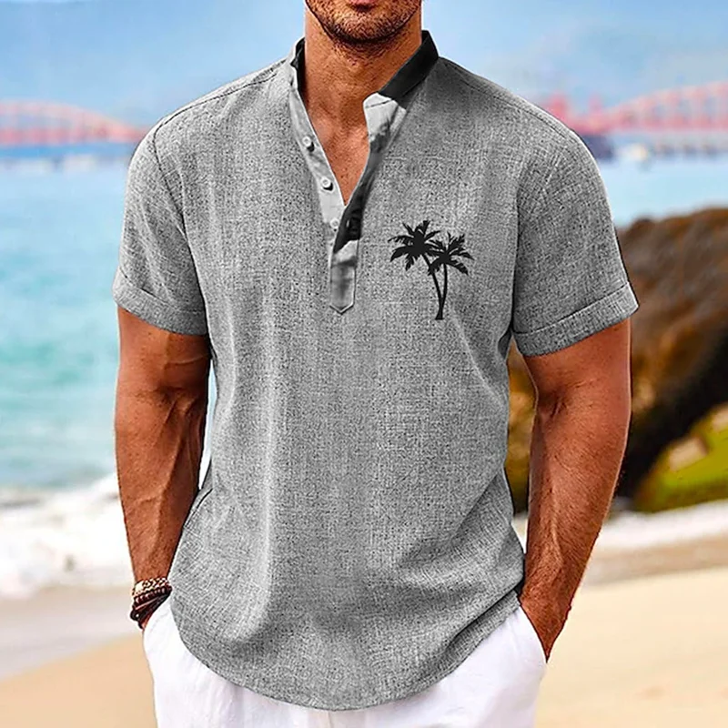 

New Hawaiian Shirt For Mens 3d Coconut Tree Print Summer Clothing Short-Sleeved Top Vacation Apparel Oversized Male Henley Shirt