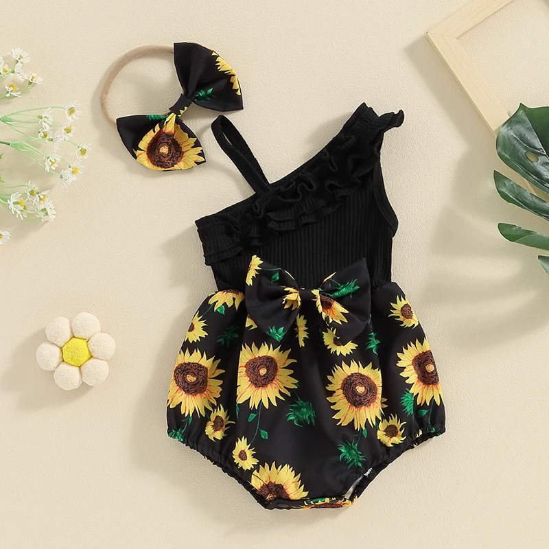 

Infant Baby Girl Summer Outfit Sunflower Ruffle Asymmetrical Sleeveless Rib Romper Clothes With Headband